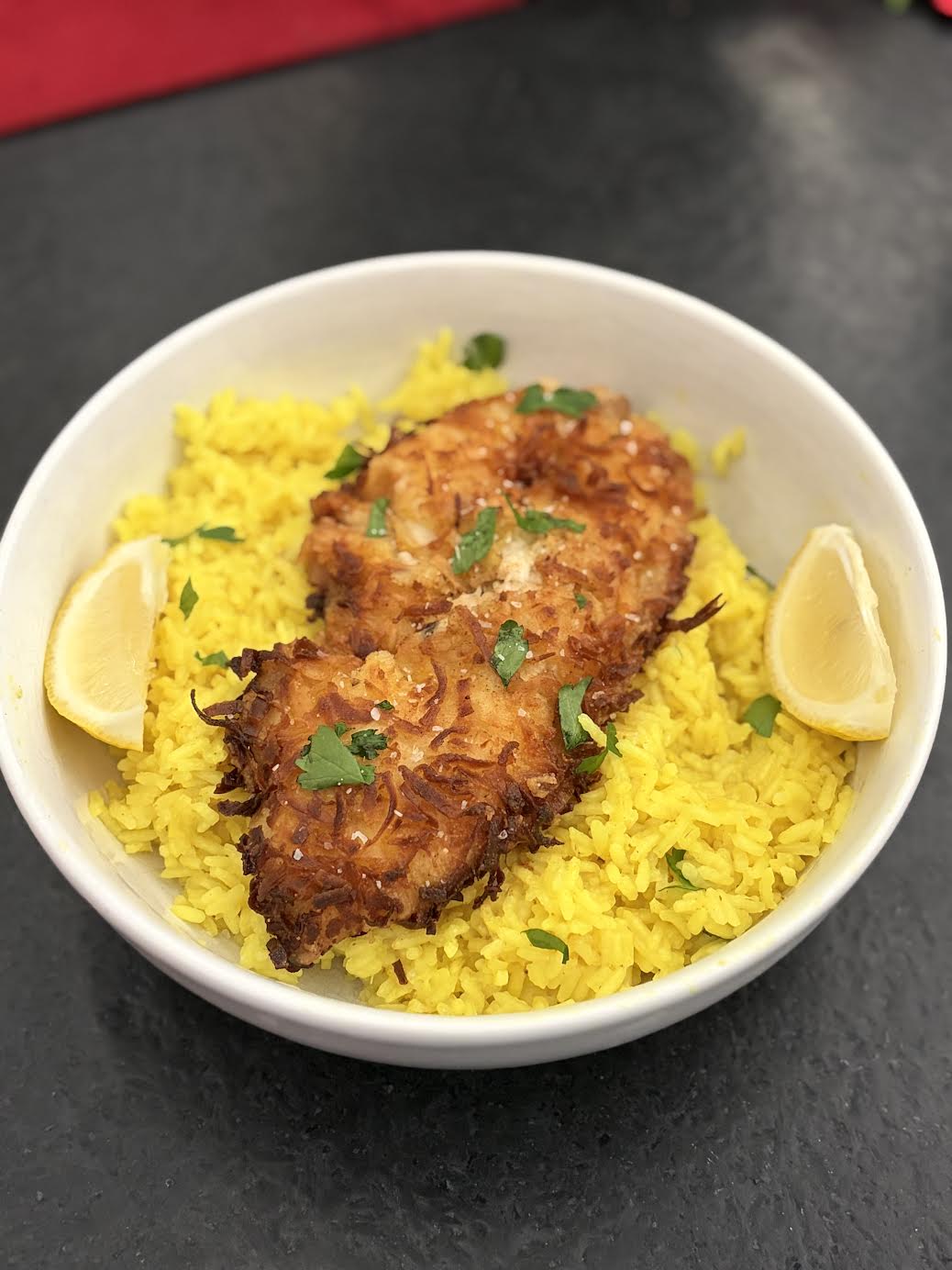 fried coconut haddock with lemon rice